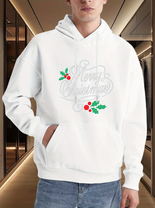 Men's Graphic Hoodie Merry Christmas With Holly Leaves Red Berries Festive Holiday Spirit Hoodie