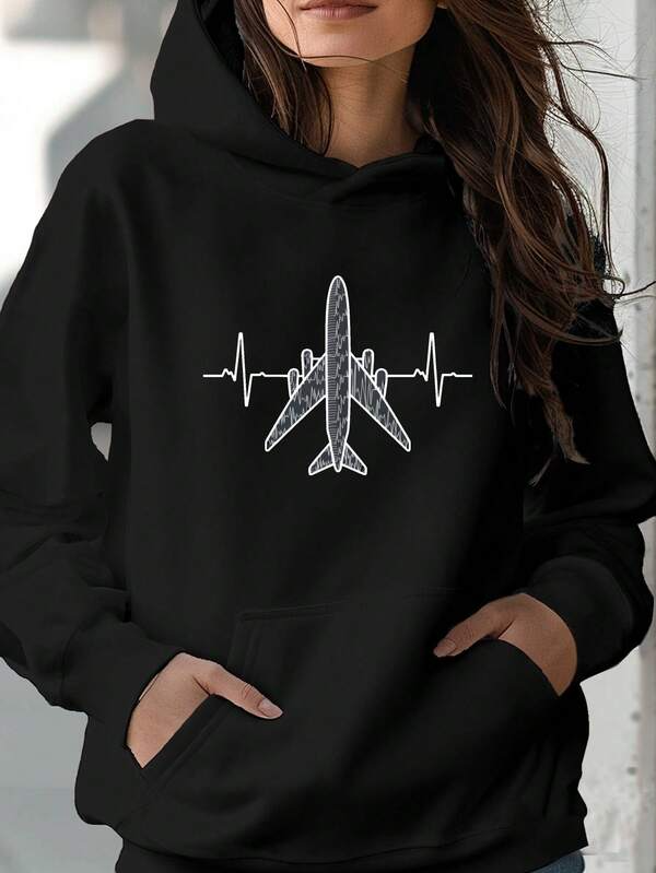 Women's Graphic Hoodie Heartbeat Line With Sketch Outline Airplane Graphic Design