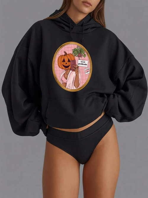 Women's Graphic Hoodie Retro Autumn Pumpkin Head With Cup And Cozy Blanket Woman