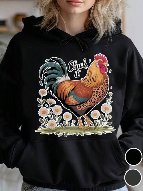 Women's Graphic Hoodie Check It Colorful Rooster Surrounded By Daisies And Lush Green Grass Flowers