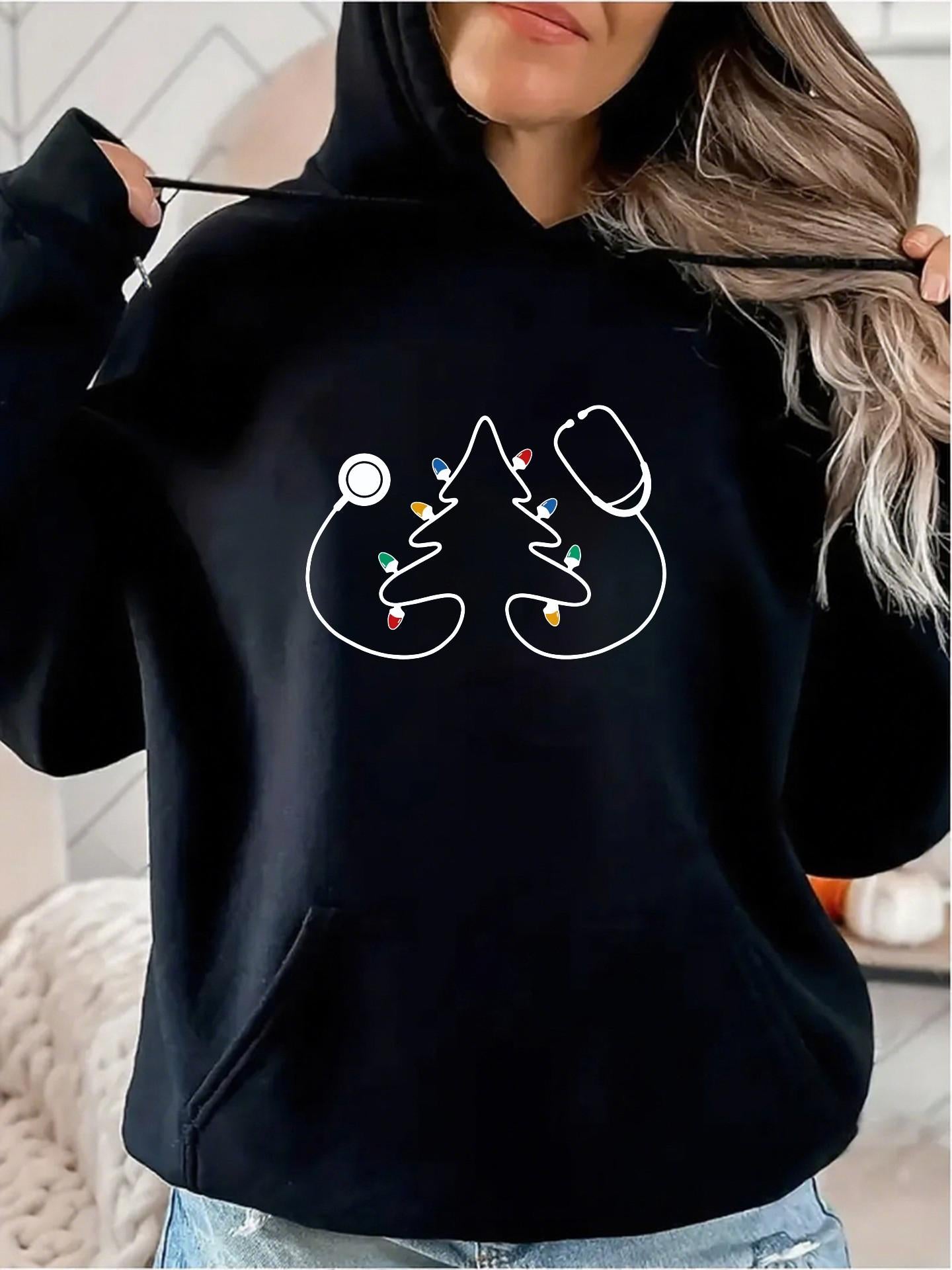 Women's Graphic Hoodie Christmas Lights With Stethoscope Shaped Around Festive Holiday Tree