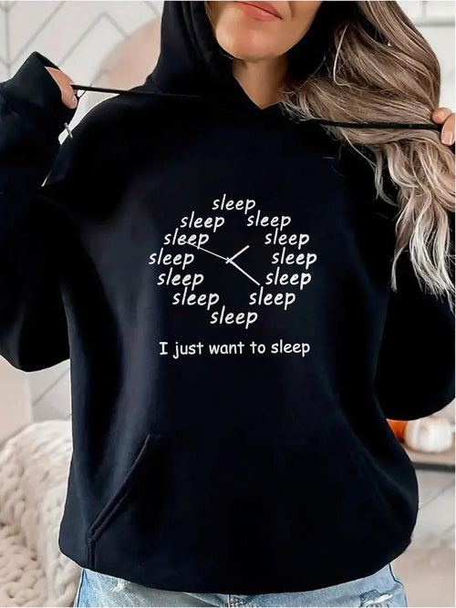 Women's Graphic Hoodie I Just Want To Sleep Repeated Words Surrounding Dreamy Black Hoodie