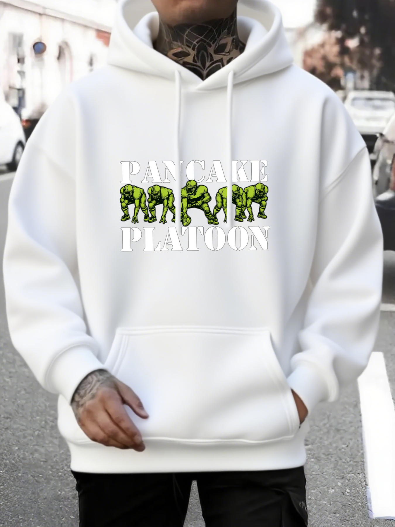 Men's Graphic Hoodie Dancing Camouflage Elephants Under White Text Platoon