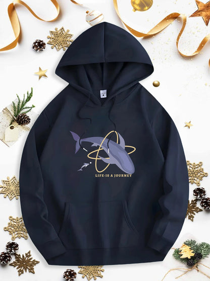 Men's Graphic Hoodie Life Is A Journey Graceful Whales Swimming Among Orbiting Rings