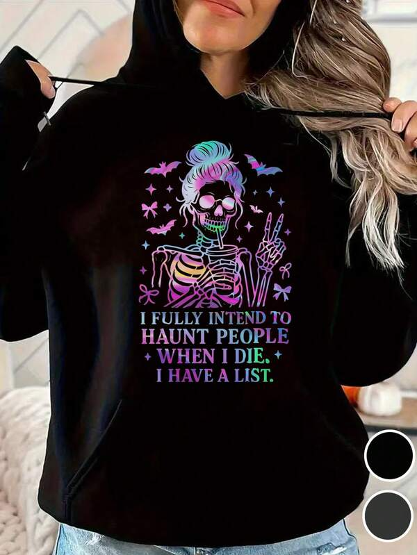 Women's Graphic Hoodie Colorful Skeleton With Butterflies And Peace Hand Gesture Under Neon Stars Skeleton