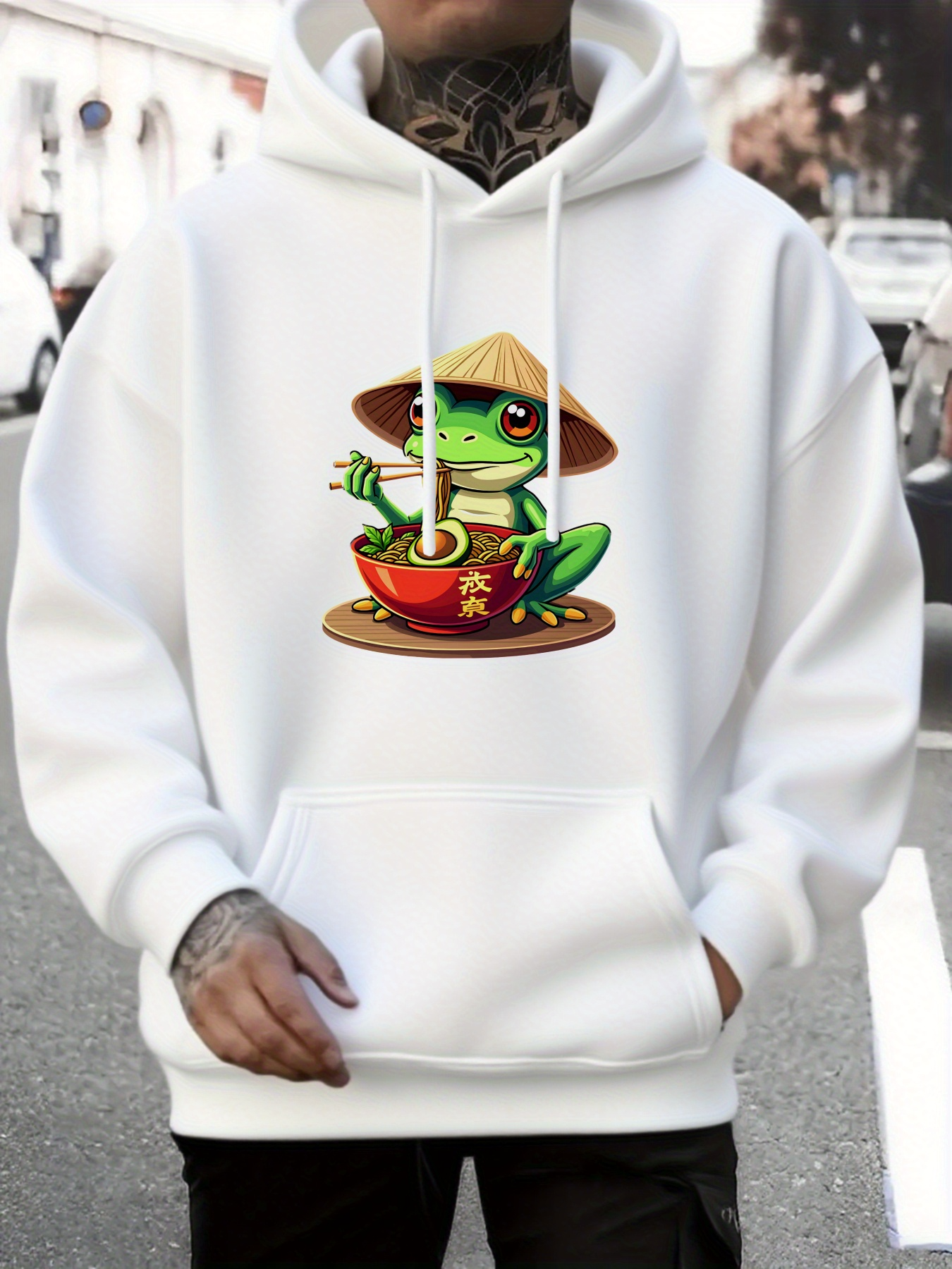 Men's Graphic Hoodie Happy Frog With Straw Hat Eating Noodles In Red Bowl