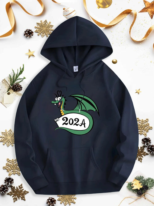 Men's Graphic Hoodie Green Cartoon Dragon With Whimsical Expression Holding Number Banner Dragon