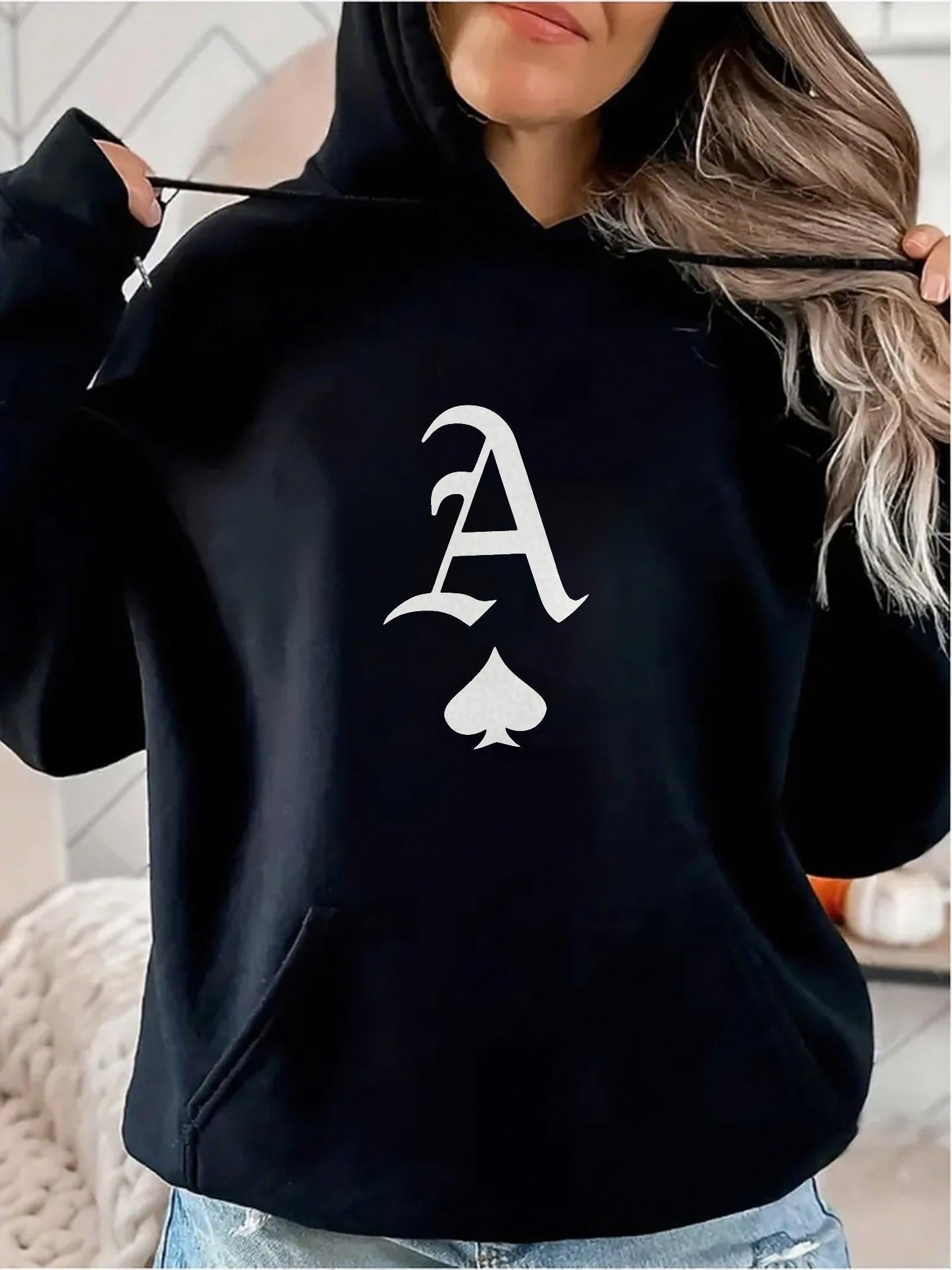 Women's Graphic Hoodie Stylish Ace Letter Graphic With Playing Card Spade Black Hoodie
