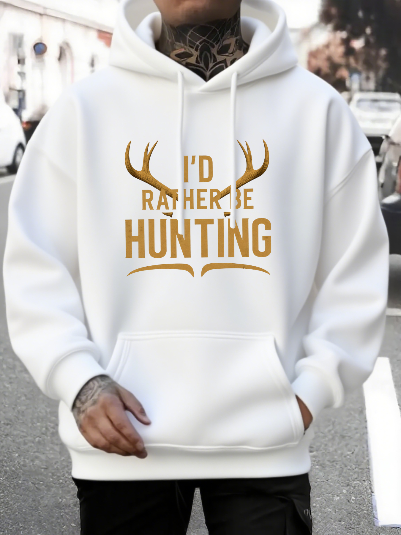 Men's Graphic Hoodie Id Rather Be Hunting With Antler Graphic Surrounded By Bold Golden Letters Hoodie