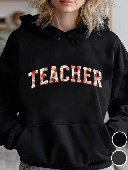 Women's Graphic Hoodie Floral Patterned Letters Adorning A Classic Black Teacher Hoodie