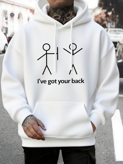 Men's Graphic Hoodie Ive Got Your Back Stick Figure Friends Smiling Playful Scene White Hoodie