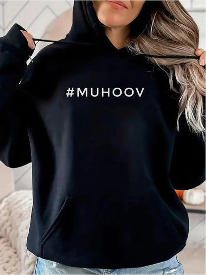 Women's Graphic Hoodie Muhoov Simple Black Hoodie With Clean Hashtag Lettering