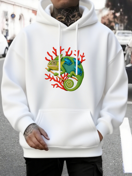 Men's Graphic Hoodie Colorful Coral Branches With Lively Chameleon Among Vibrant Natural Elements Chameleon