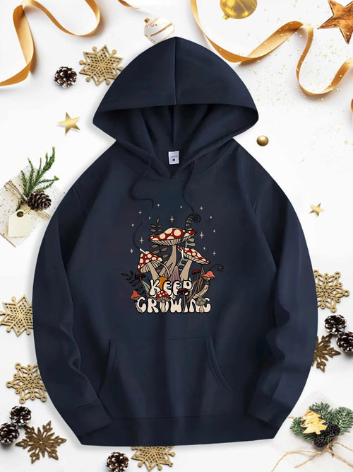 Men's Graphic Hoodie Keep Growing Whimsical Mushrooms Scattered Leaves Among Forest Shadows Hoodie