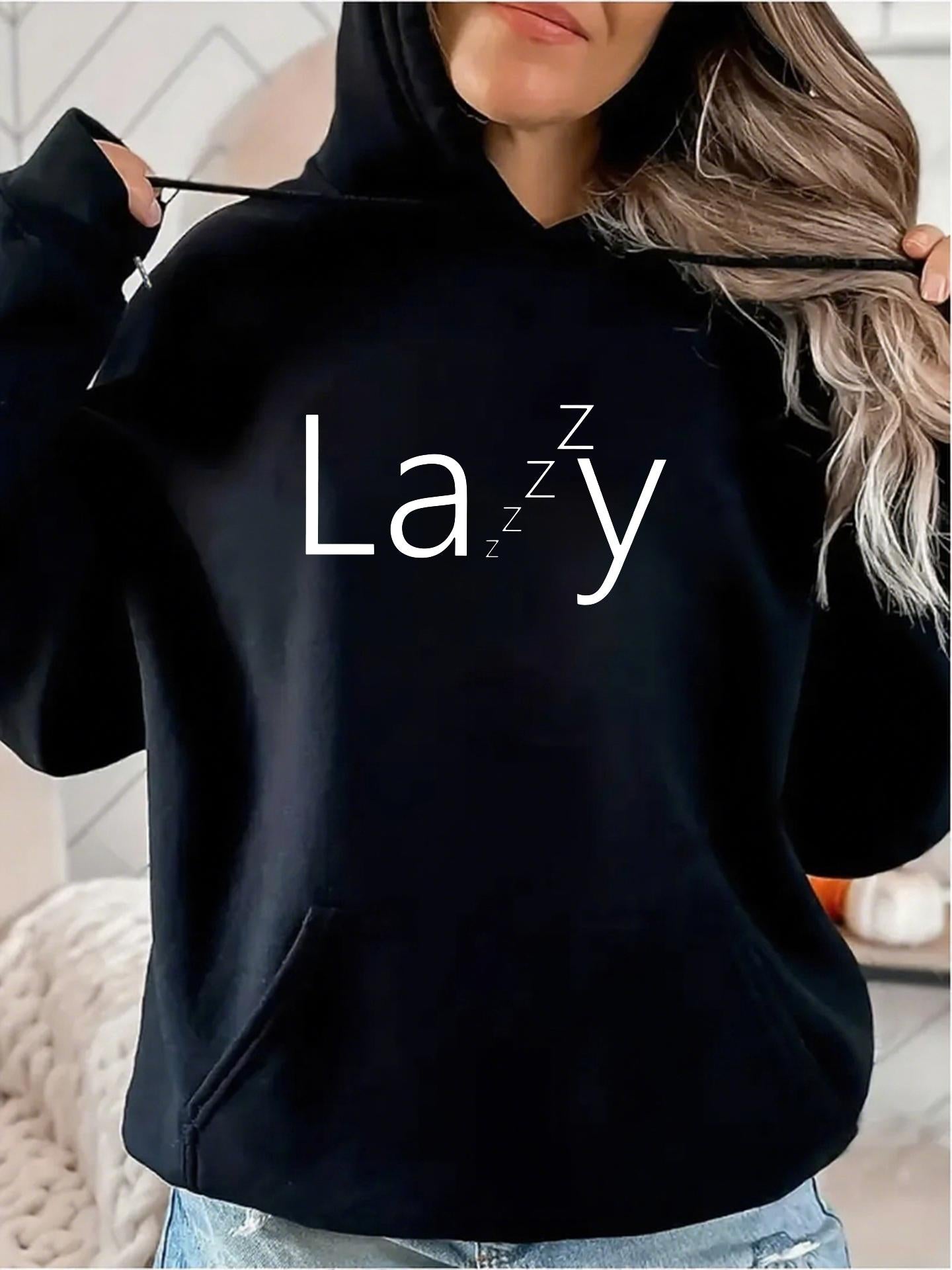 Women's Graphic Hoodie Lazy Typography With Sleeping Z Letters On Black Hoodie