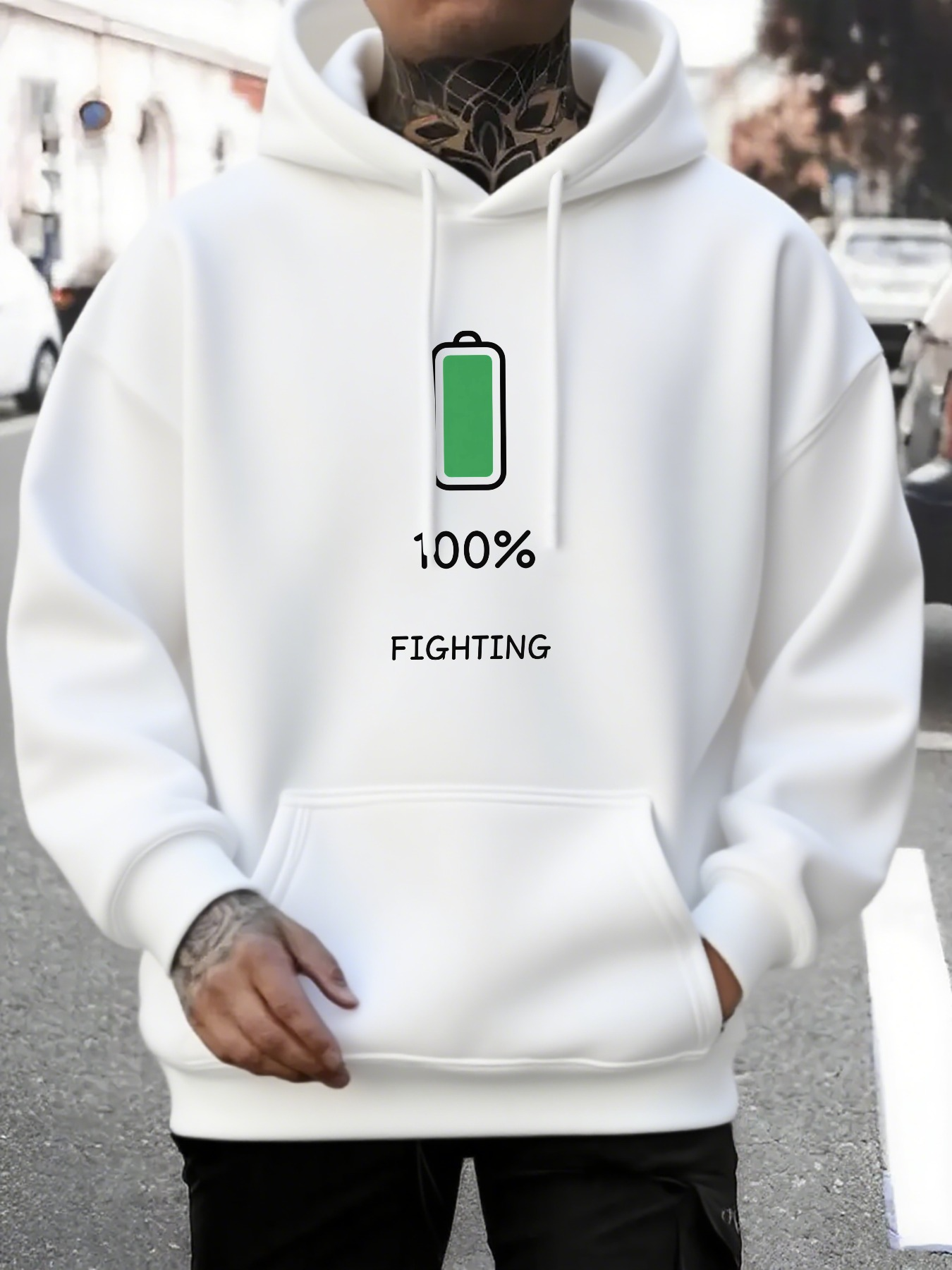Men's Graphic Hoodie Battery Icon With Charging Symbol Showing Full Power Hoodie