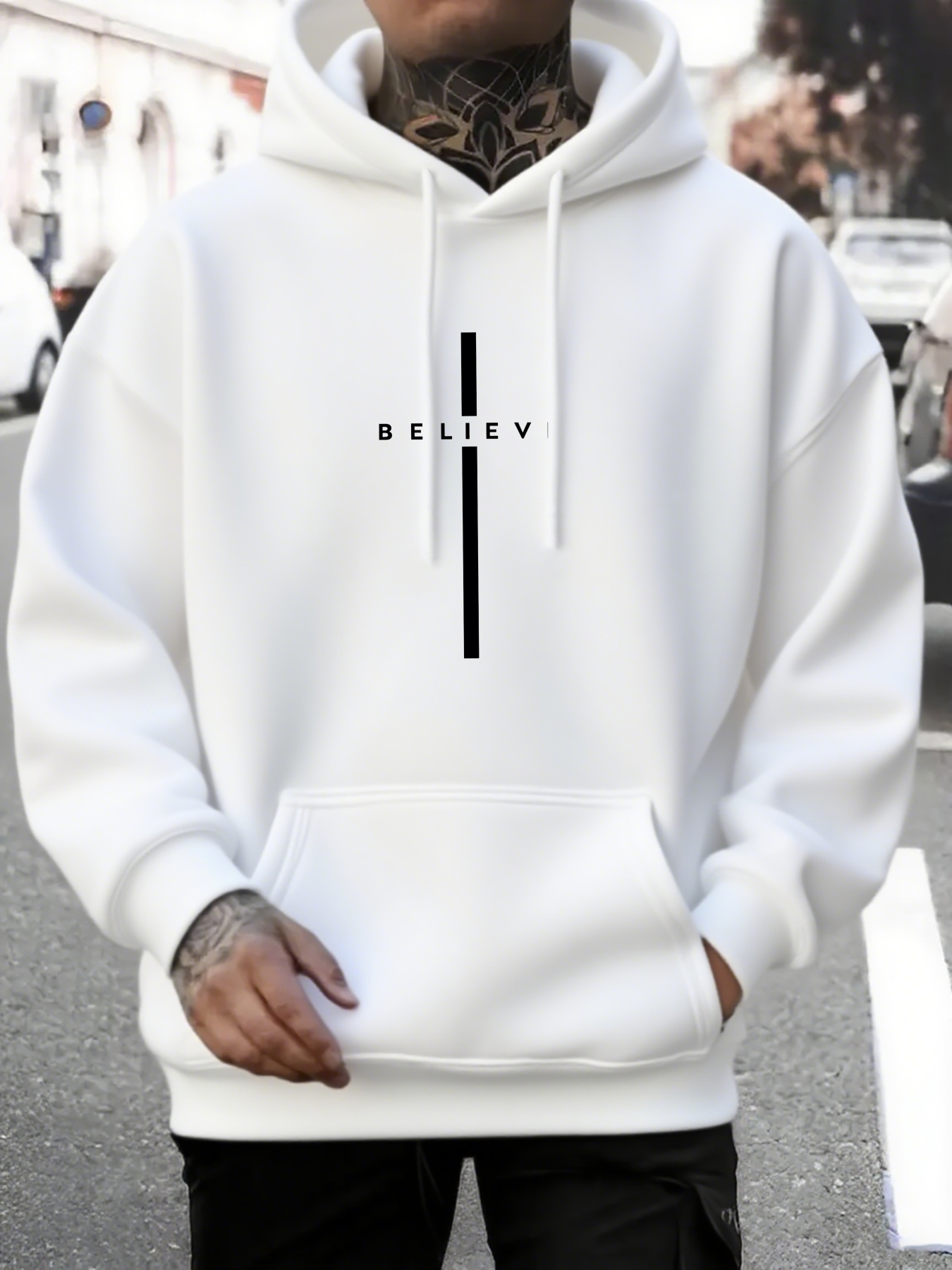 Men's Graphic Hoodie Believe With Simple Vertical Black Stripe Hoodie