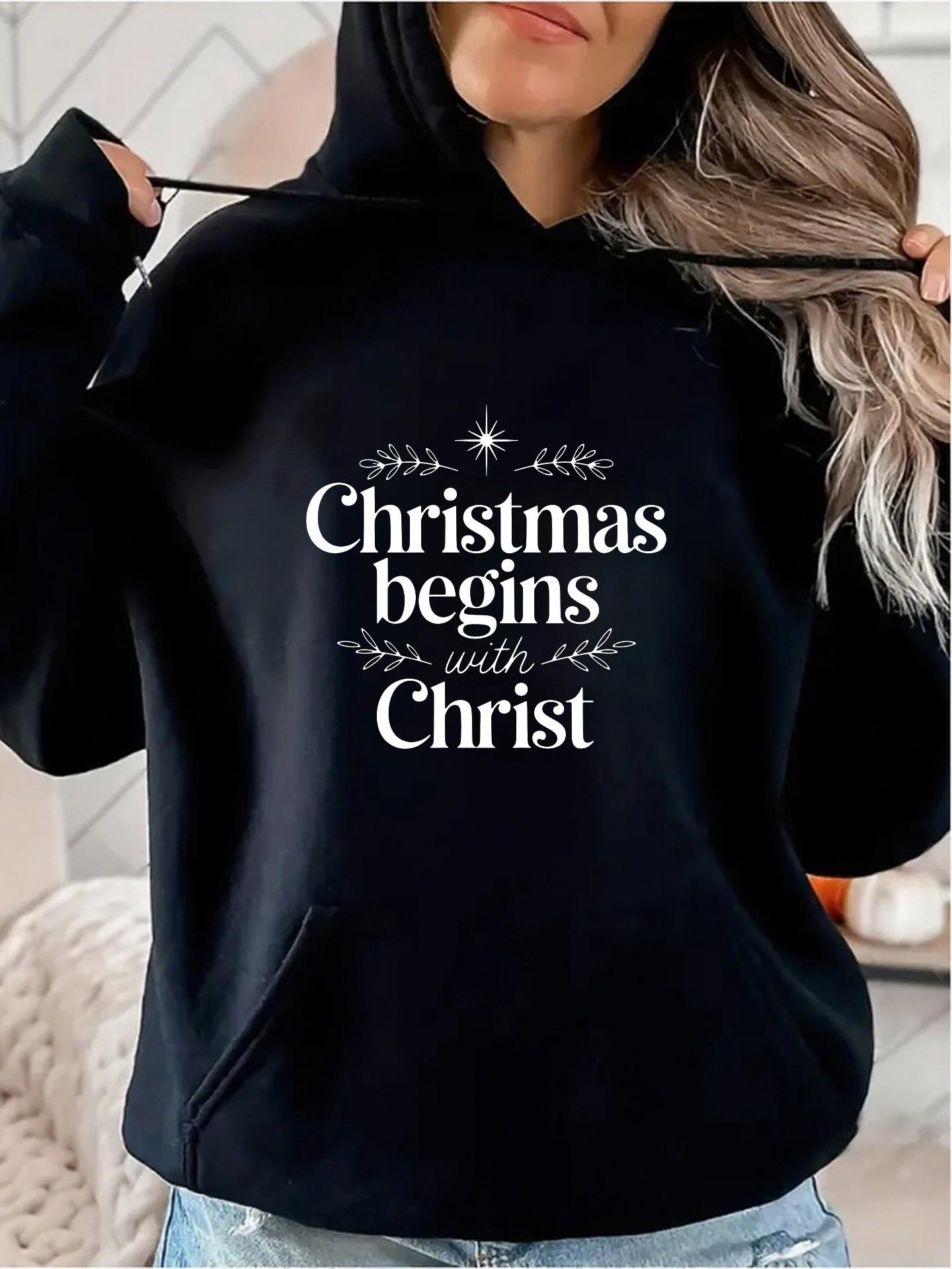 Women's Graphic Hoodie Christmas Begins With Christ Glowing Starry Night With Festive Winter Branches Christ