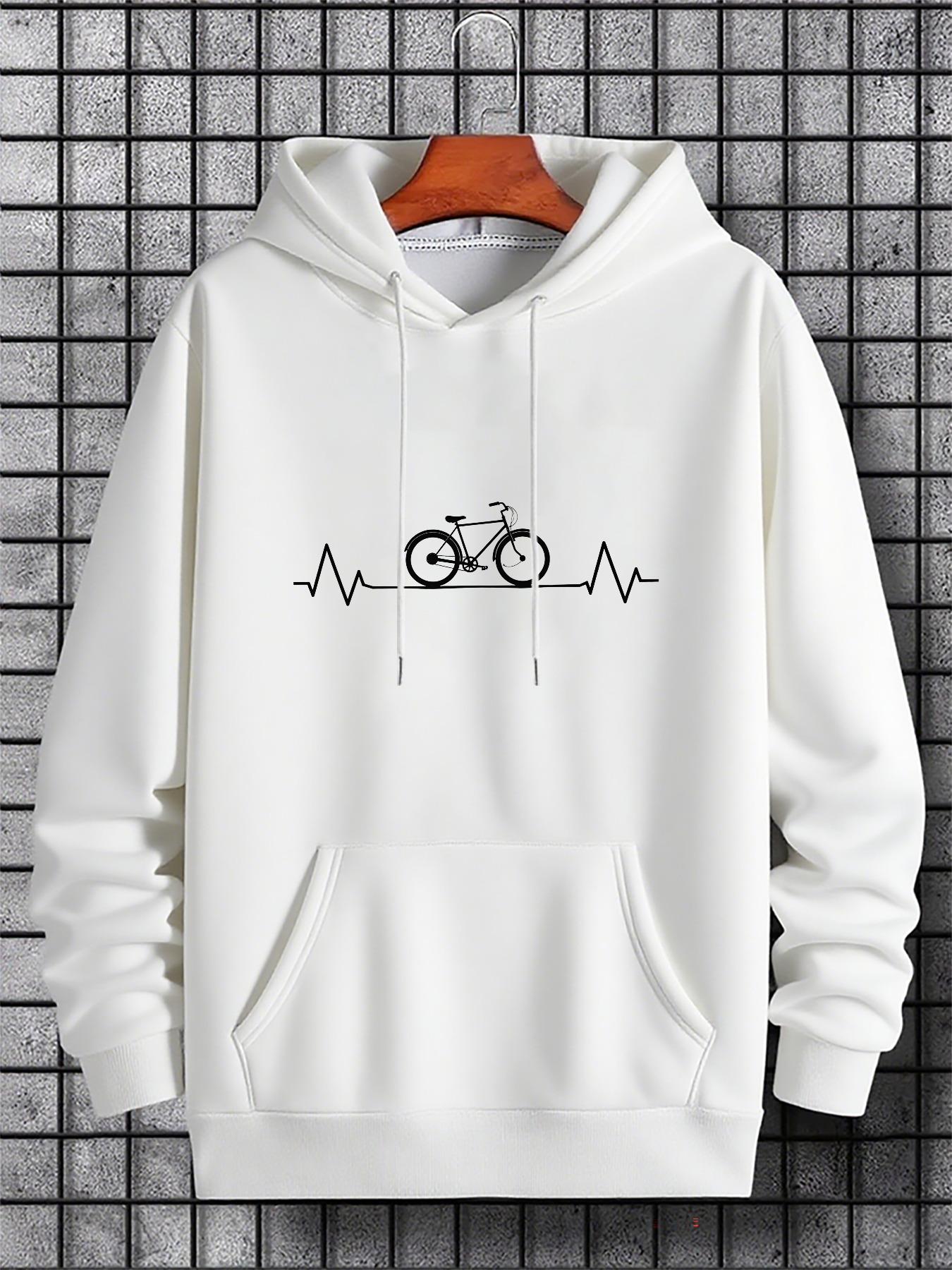 Men's Graphic Hoodie Heartbeat Lines With Simple Elegant Road Bicycle Motif Center Bicycle