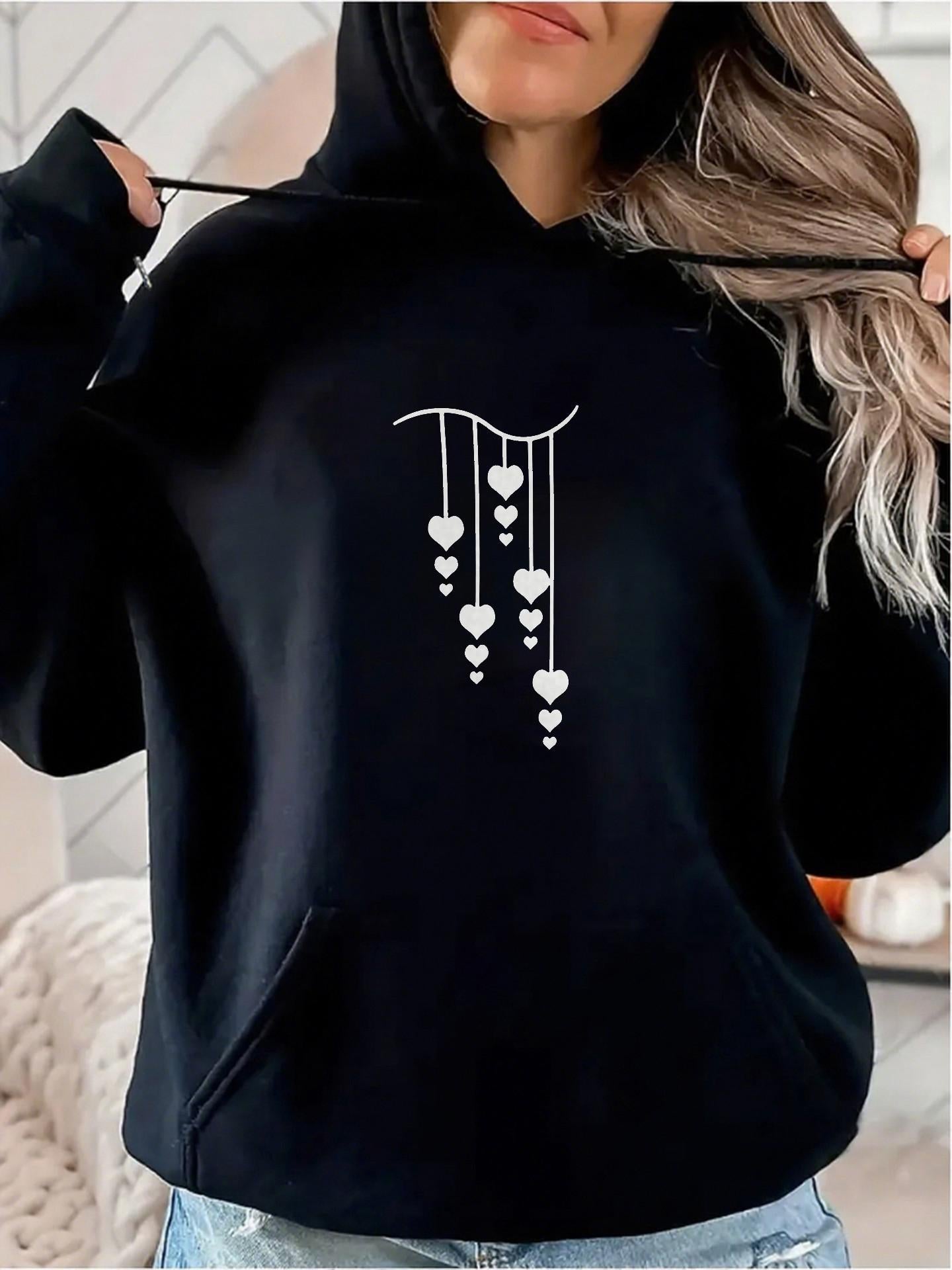 Women's Graphic Hoodie Dangling Heart Charms Dripping With Cascading Love Shapes Hoodie