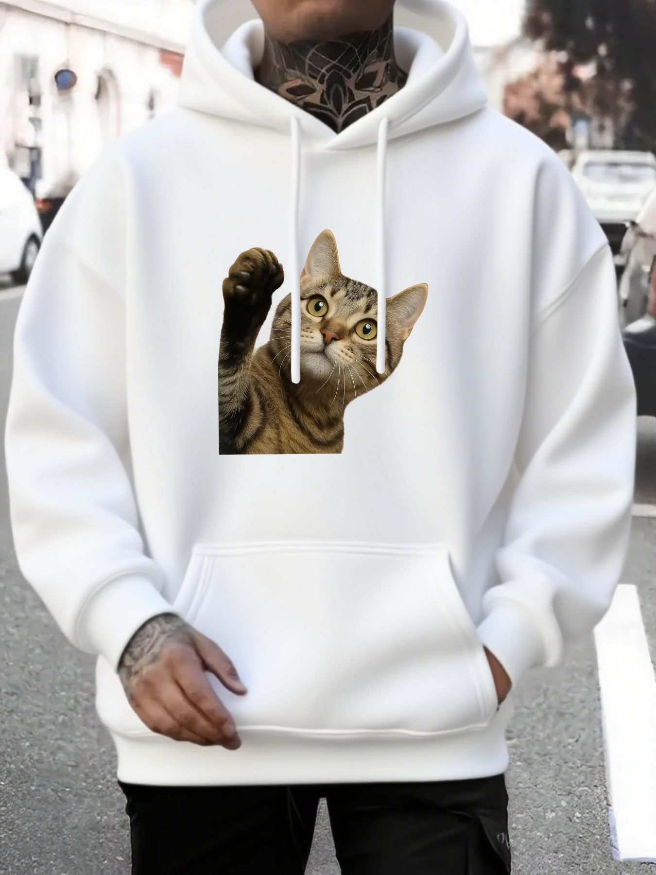 Men's Graphic Hoodie Playful Tabby Cat Reaching Up With Curious Eyes On White Hoodie Cat