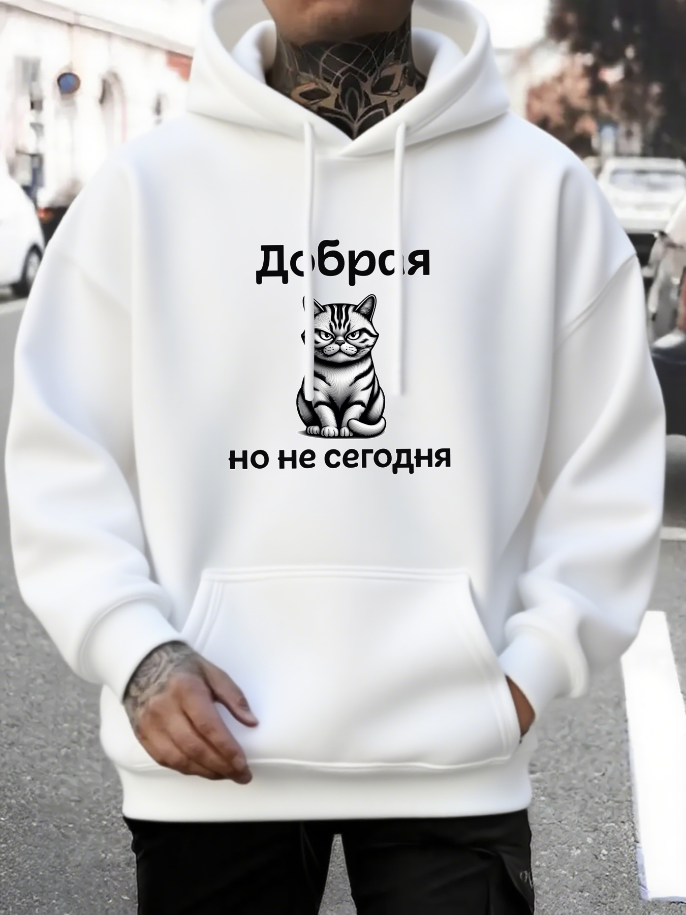 Men's Graphic Hoodie Grumpy Cat With Bold Serious Expression In Urban Street Style