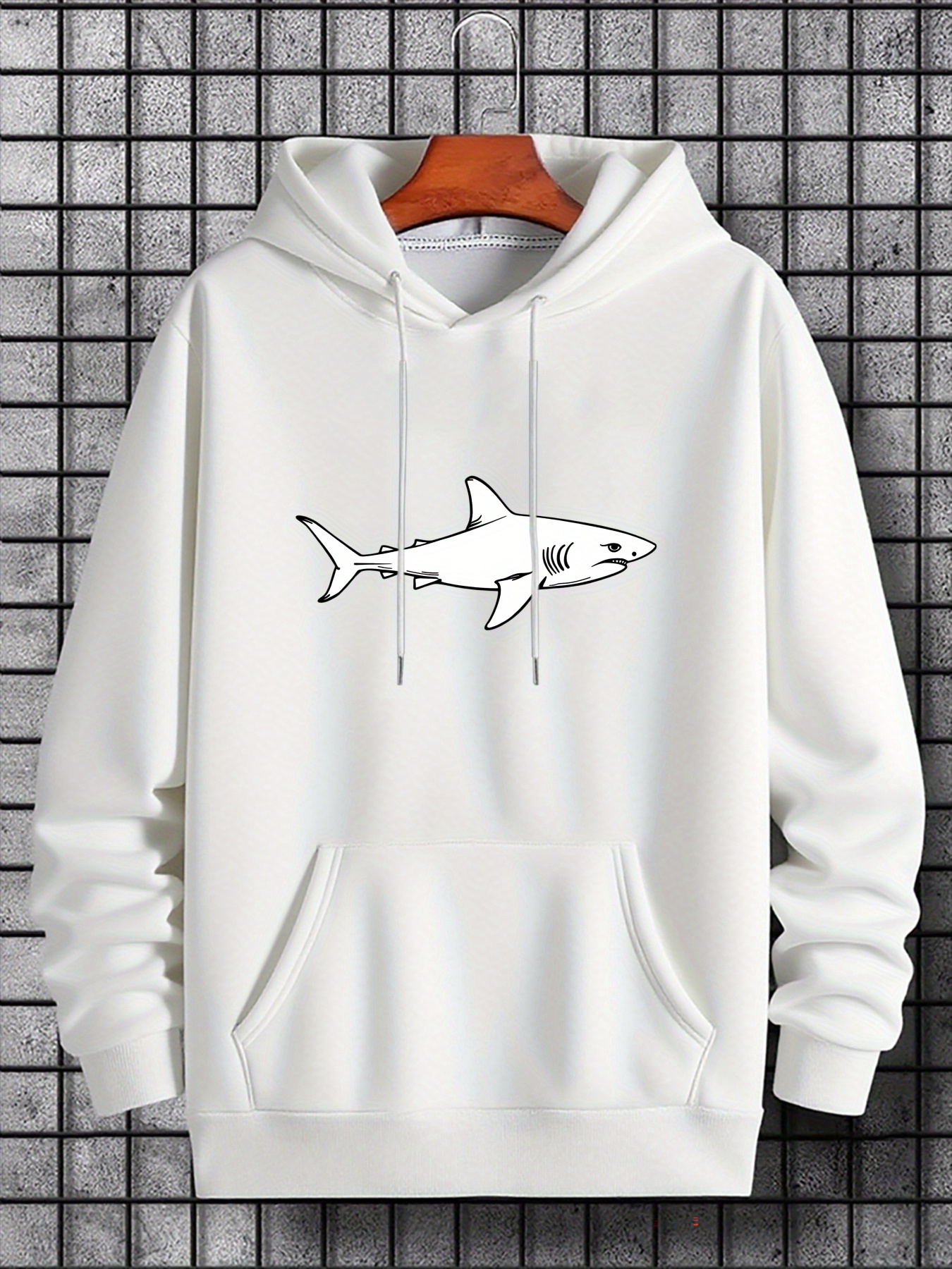 Men's Graphic Hoodie Minimal Line Drawing Shark Swimming Across Crisp White Hoodie