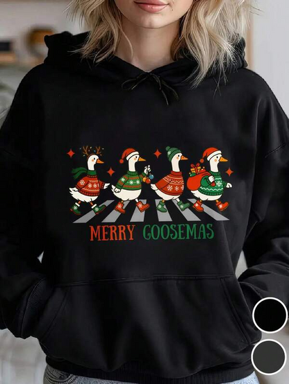 Women's Graphic Hoodie Merry Goosemas Holiday Geese Wearing Santa Hats Marching Festive Sweater Pattern Goose