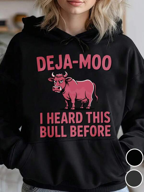Women's Graphic Hoodie Deja Moo Lettering With Bold Pink Graphic Cartoon Bull