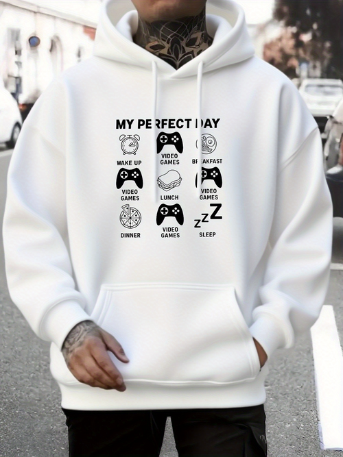 Men's Graphic Hoodie My Perfect Day With Pizza Gaming Controllers And Sleeping Icons Hoodie