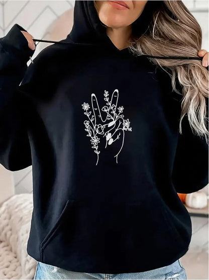 Women's Graphic Hoodie Wildflowers Blooming Over Delicate Hands With Peace Gesture