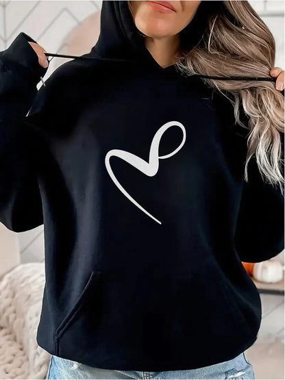 Women's Graphic Hoodie Minimalist White Heart Line Art On Soft Cozy Black Hoodie