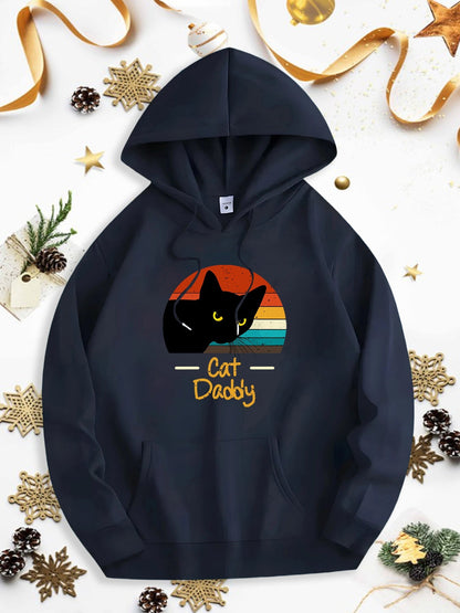 Men's Graphic Hoodie Cat Daddy With Vintage Rainbow Silhouette And Playful Black Cat