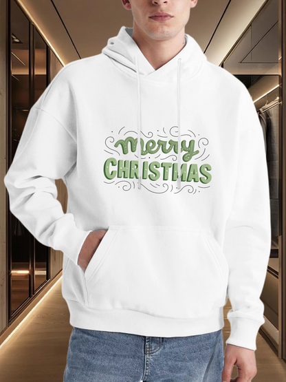 Men's Graphic Hoodie Merry Christmas Green Festive Whimsical Letters Swirled Curls Underlined Snowflakes Hoodie