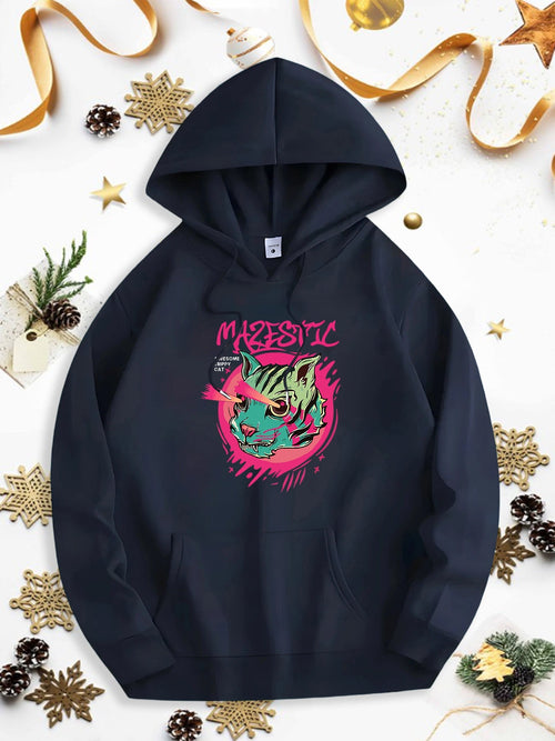 Men's Graphic Hoodie Majestic Color Splash Pattern Around A Graceful Green Cat