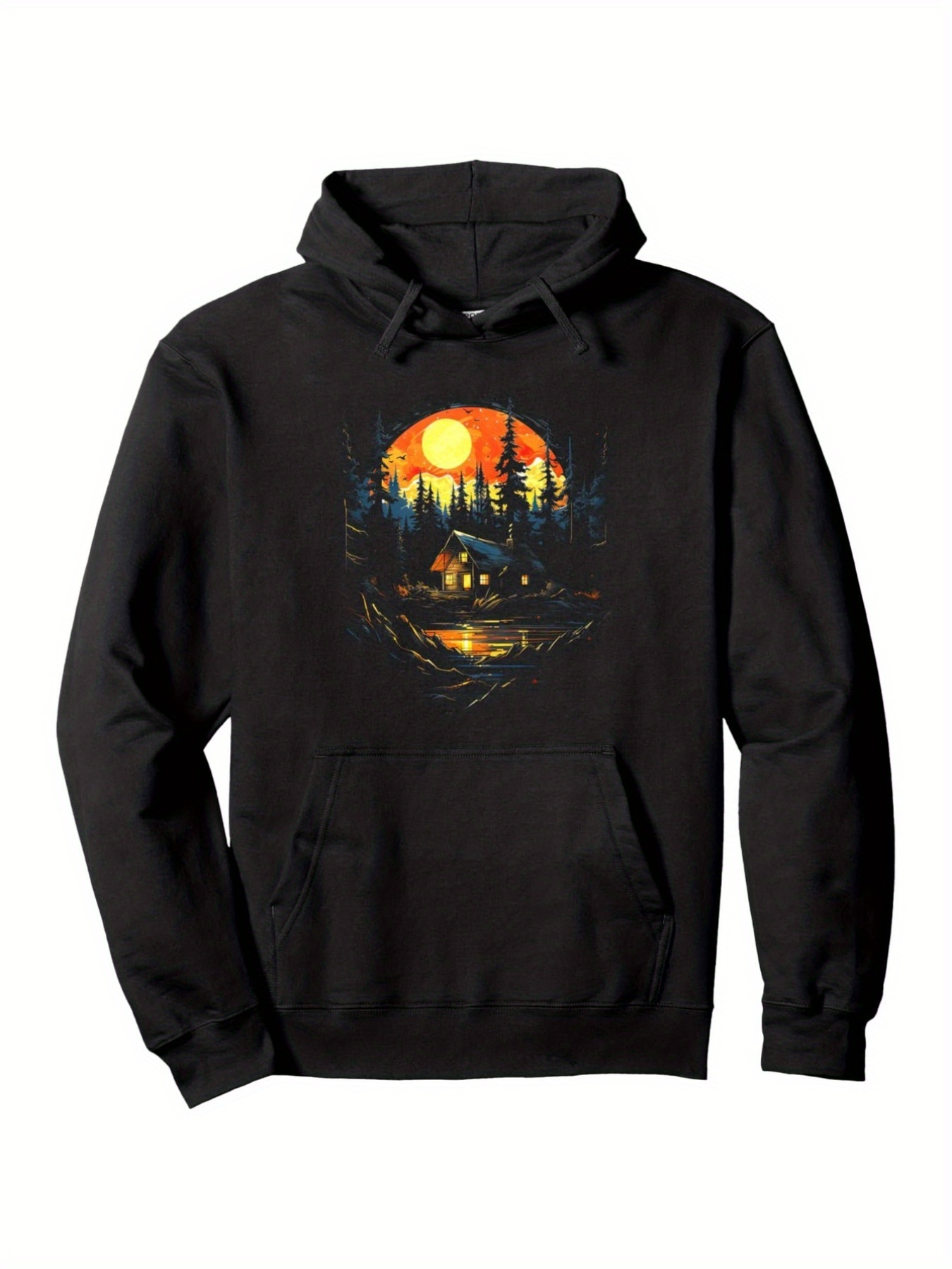 Men's Graphic Hoodie Vivid Mountain Sunset Reflected In The Lake With Tall Pine Trees Cabin