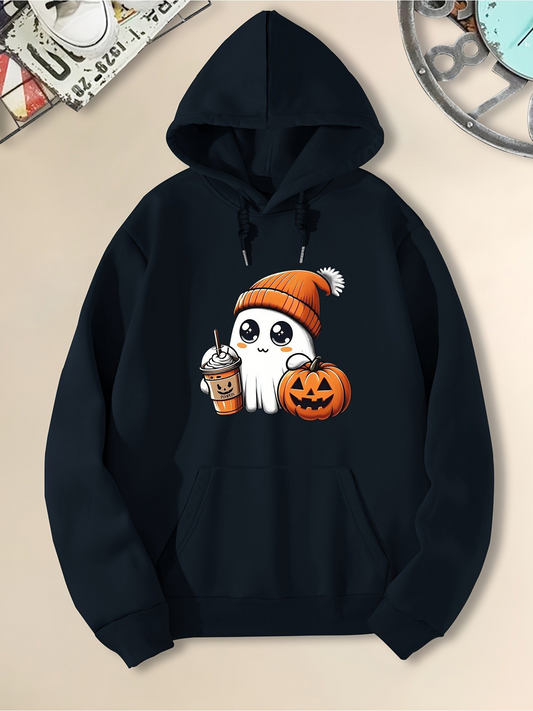 Men's Graphic Hoodie Adorable Ghost Holding Pumpkin Among Festive Autumn Props Ghost