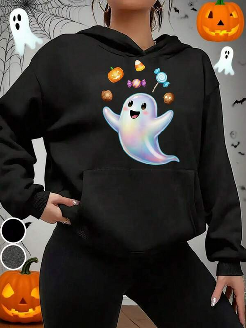 Women's Graphic Hoodie Shimmering Ghost Surrounded By Halloween Candy Under Soft Glowing Lights Ghost