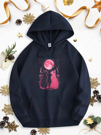 Men's Graphic Hoodie Starry Night With Pink Moon Above Two Cats