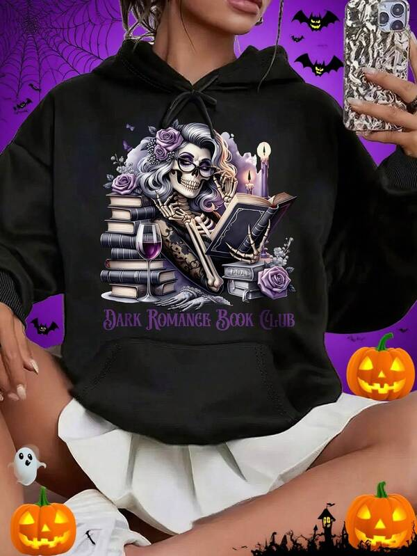 Women's Graphic Hoodie Dark Romance With Purple Roses Vintage Books And Wine Glass Skull
