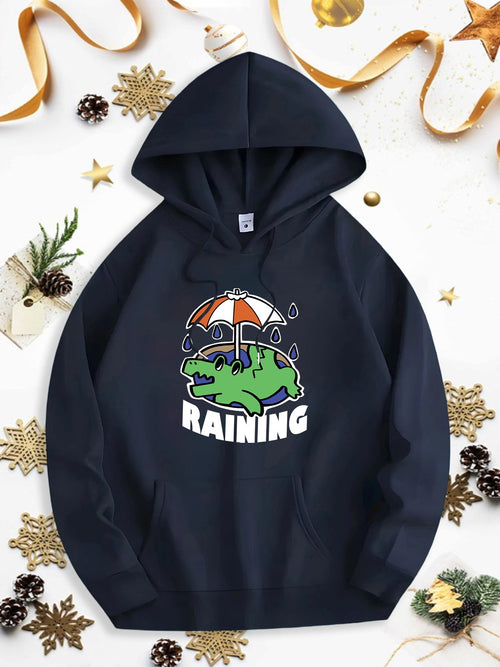 Men's Graphic Hoodie Raining Playful Cartoon Style Frog Under Umbrella With Falling Raindrops