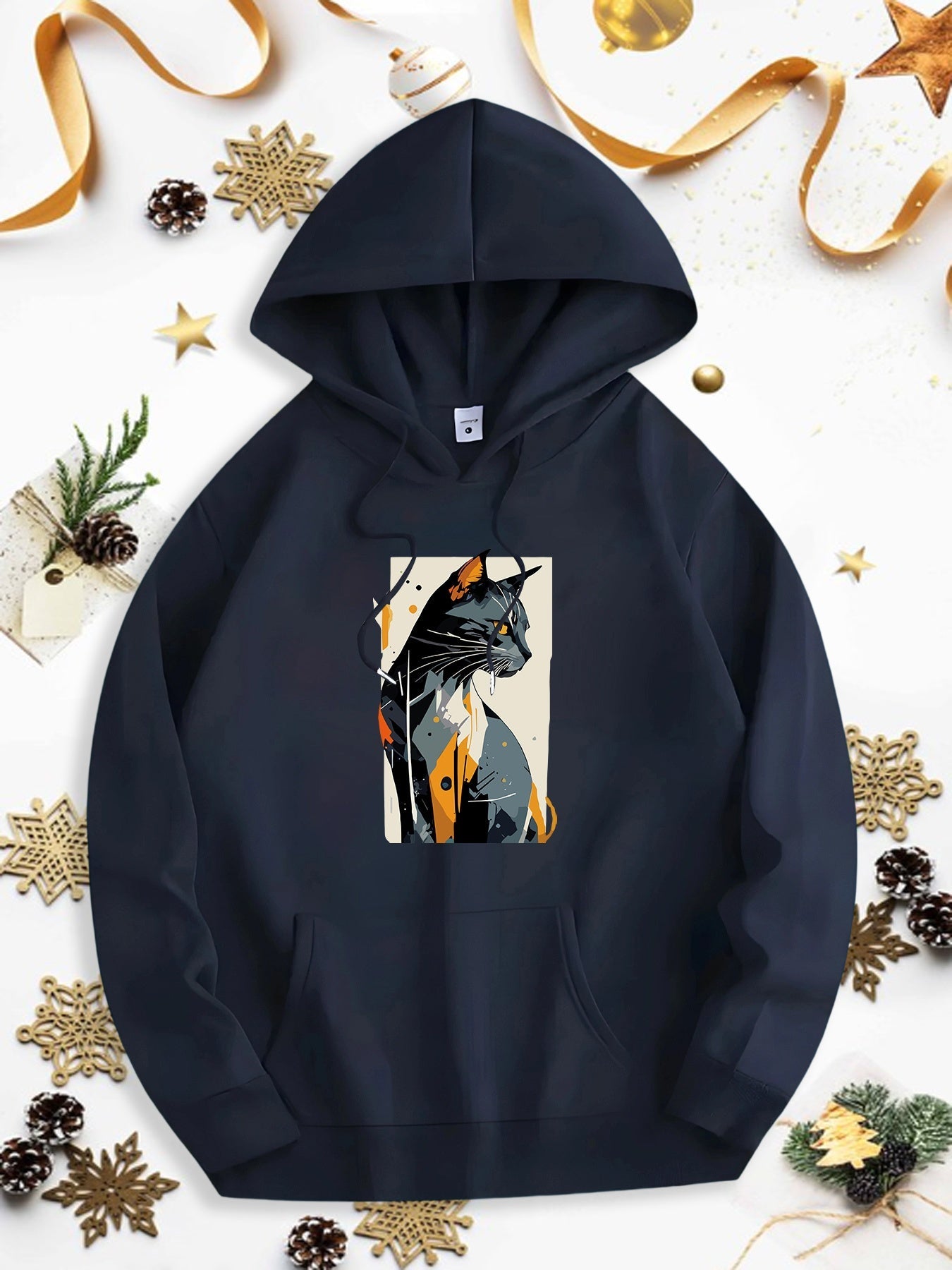 Men's Graphic Hoodie Moody Evening Shadows With Golden Leaves Framing Majestic Cat