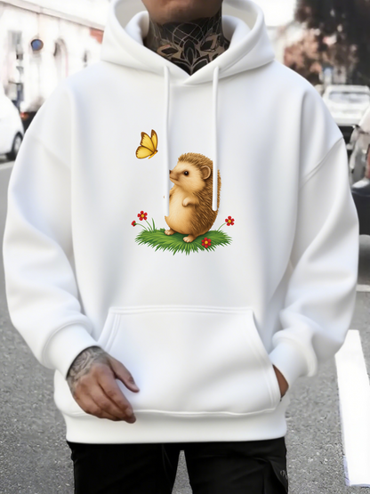 Men's Graphic Hoodie Cute Hedgehog Sitting On Grass Watching A Yellow Butterfly Hedgehog