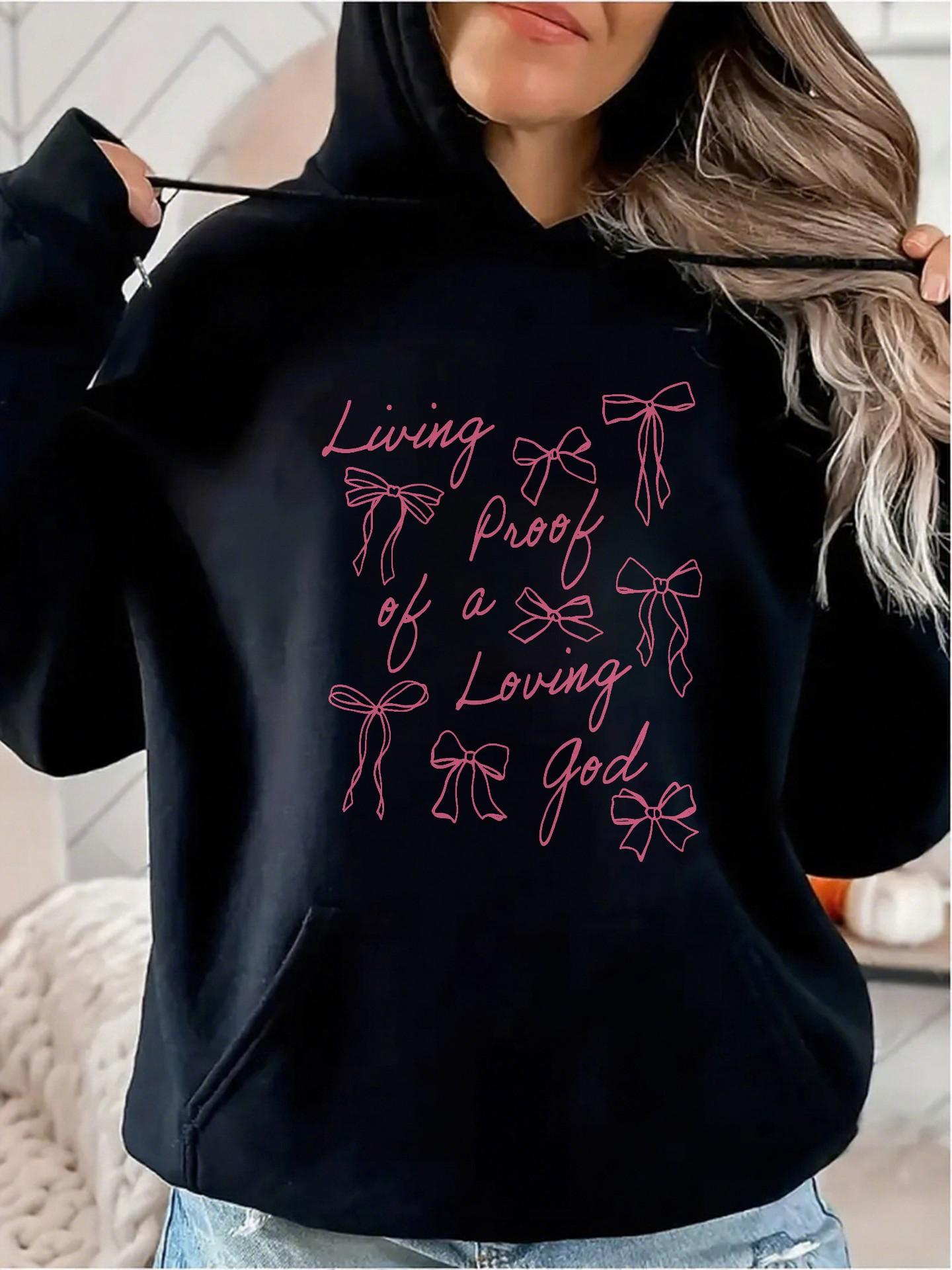 Women's Graphic Hoodie Living Proof Of A Loving God Pink Ribbon Drawings On Black Hoodie