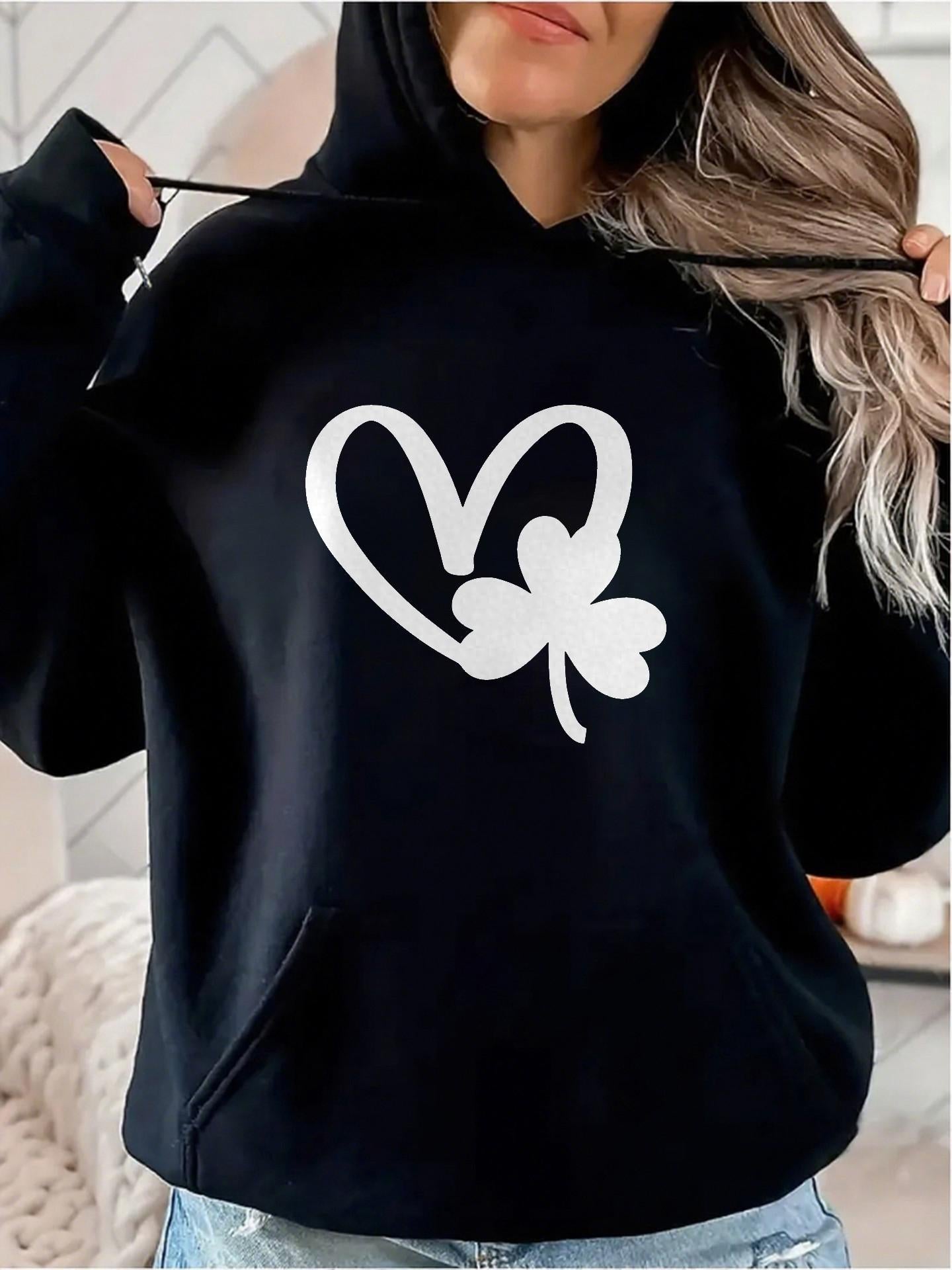 Women's Graphic Hoodie Brushstroke Heart With Whimsical Clover Against Black Hoodie