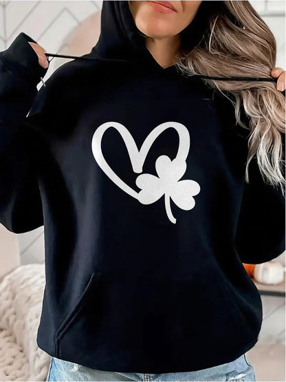 Women's Graphic Hoodie Brushstroke Heart With Whimsical Clover Against Black Hoodie