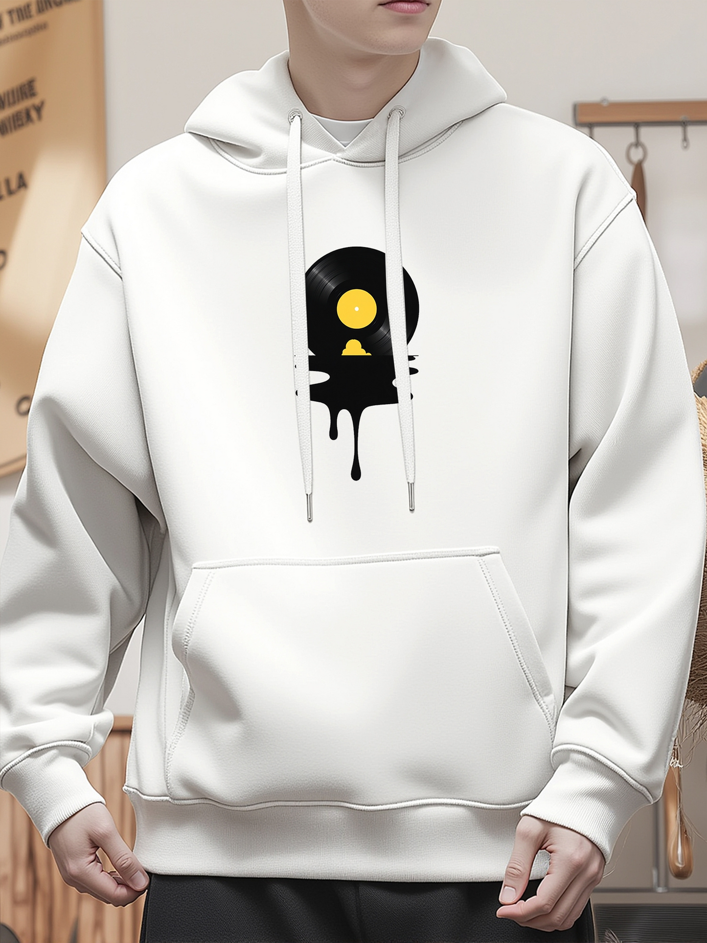 Men's Graphic Hoodie Minimalist Dripping Graphic With Yellow Circle Accent Vinyl Record
