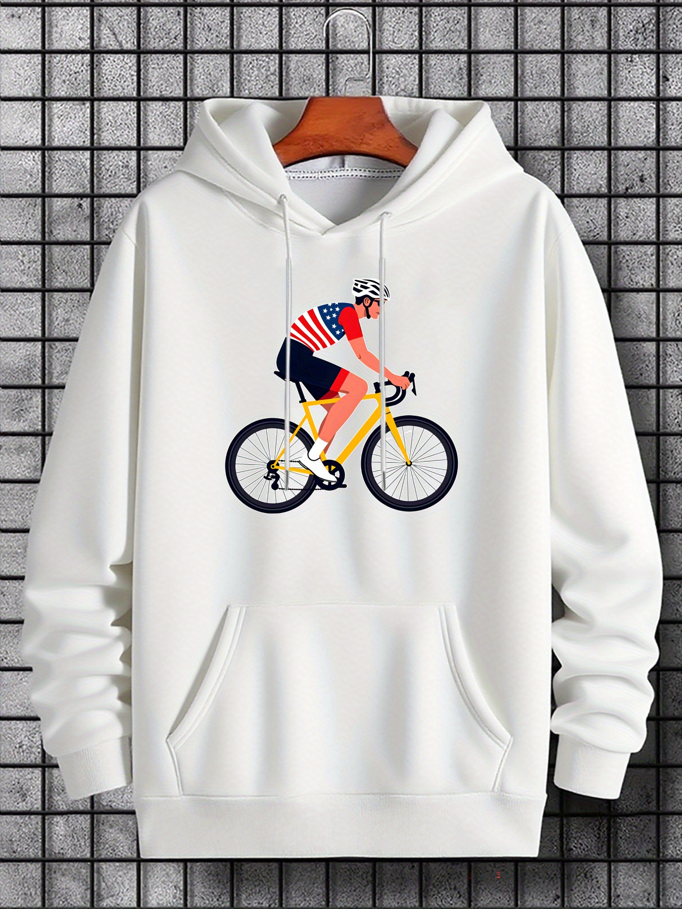 Men's Graphic Hoodie Speed Racer With Striped Shirt Cycling On Bright Yellow Bicycle