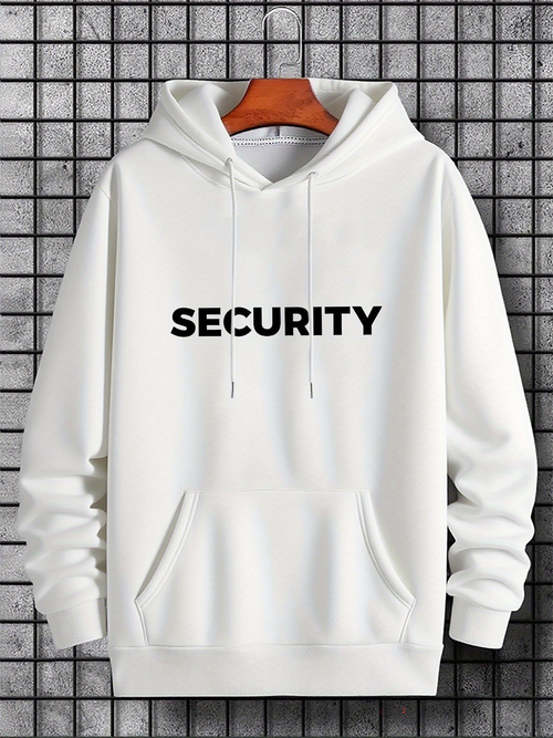 Men's Graphic Hoodie Security Bold Black Letters On Minimalist White Hoodie Security