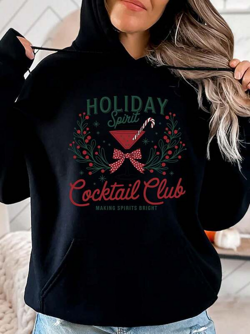 Women's Graphic Hoodie Holiday Spirit With Candy Cane Bow And Cocktail Wreath Glass